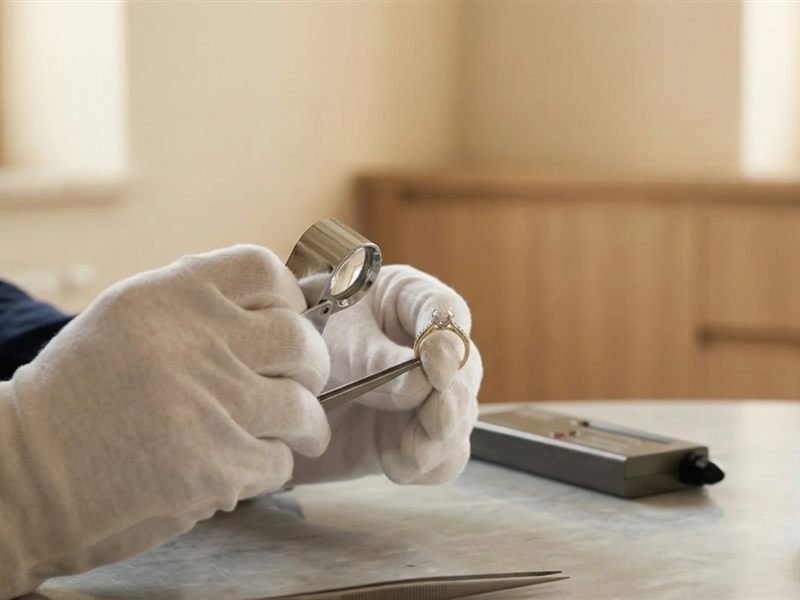A gloved appraiser examining a diamond ring through a loupe