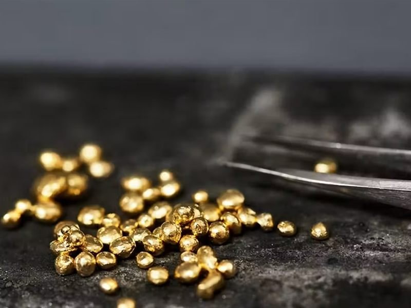 Grains of pure gold beside a pair of tweezers on a dark work surface
